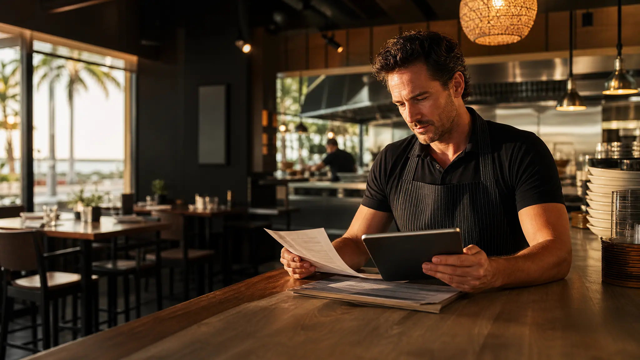 Florida restaurant owner reviewing insurance cost documents and quote factors