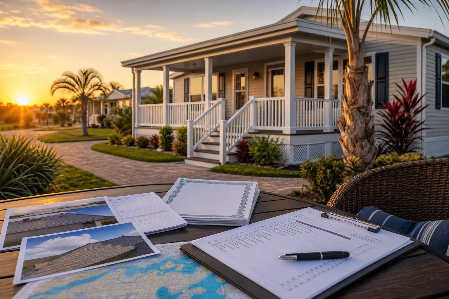 Organized mobile-home insurance quote documents outside a Florida manufactured home