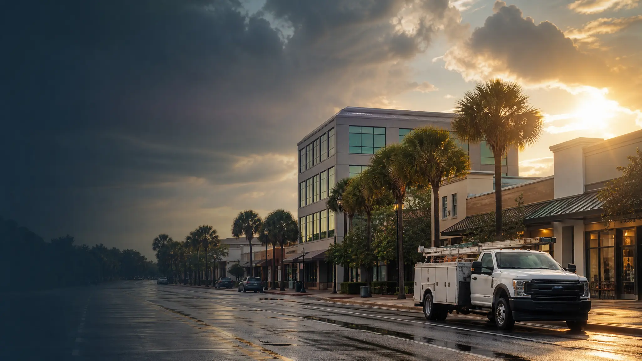 Florida commercial district after rain with work trucks and small businesses