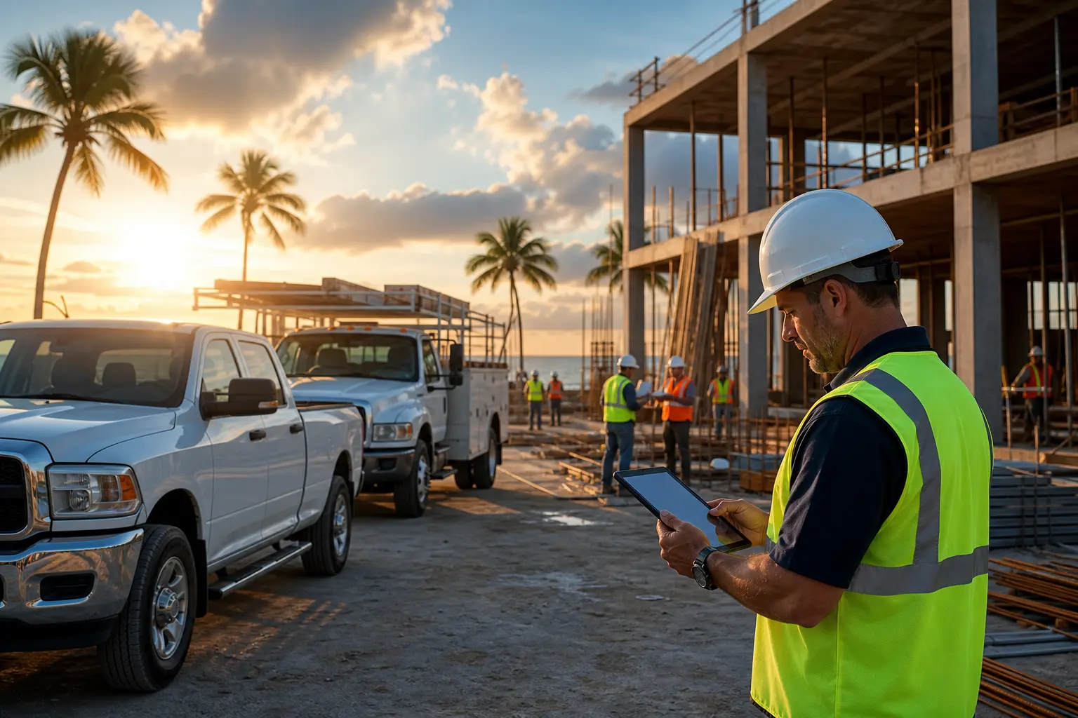 Florida construction site with work trucks and contractors reviewing plans