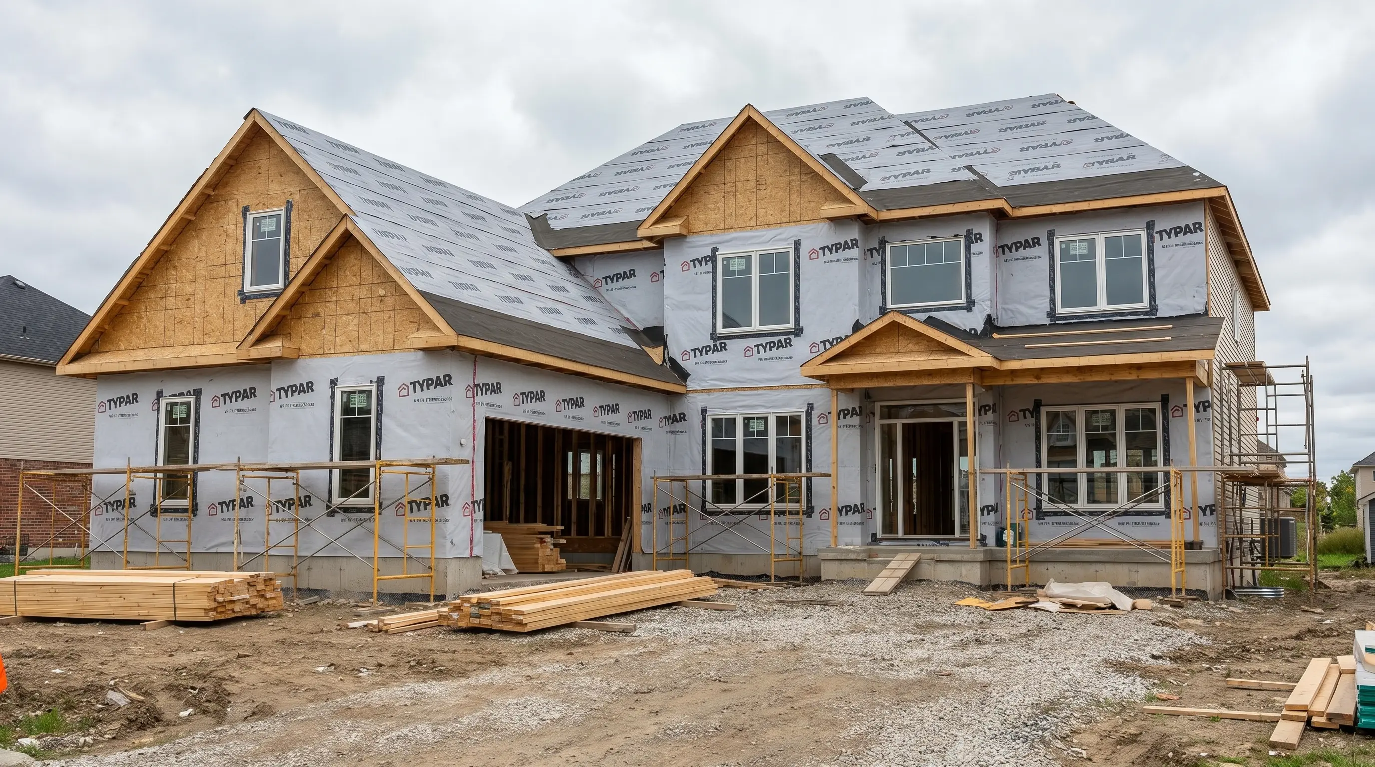 Florida new construction home with house wrap, scaffolding, and lumber before completion