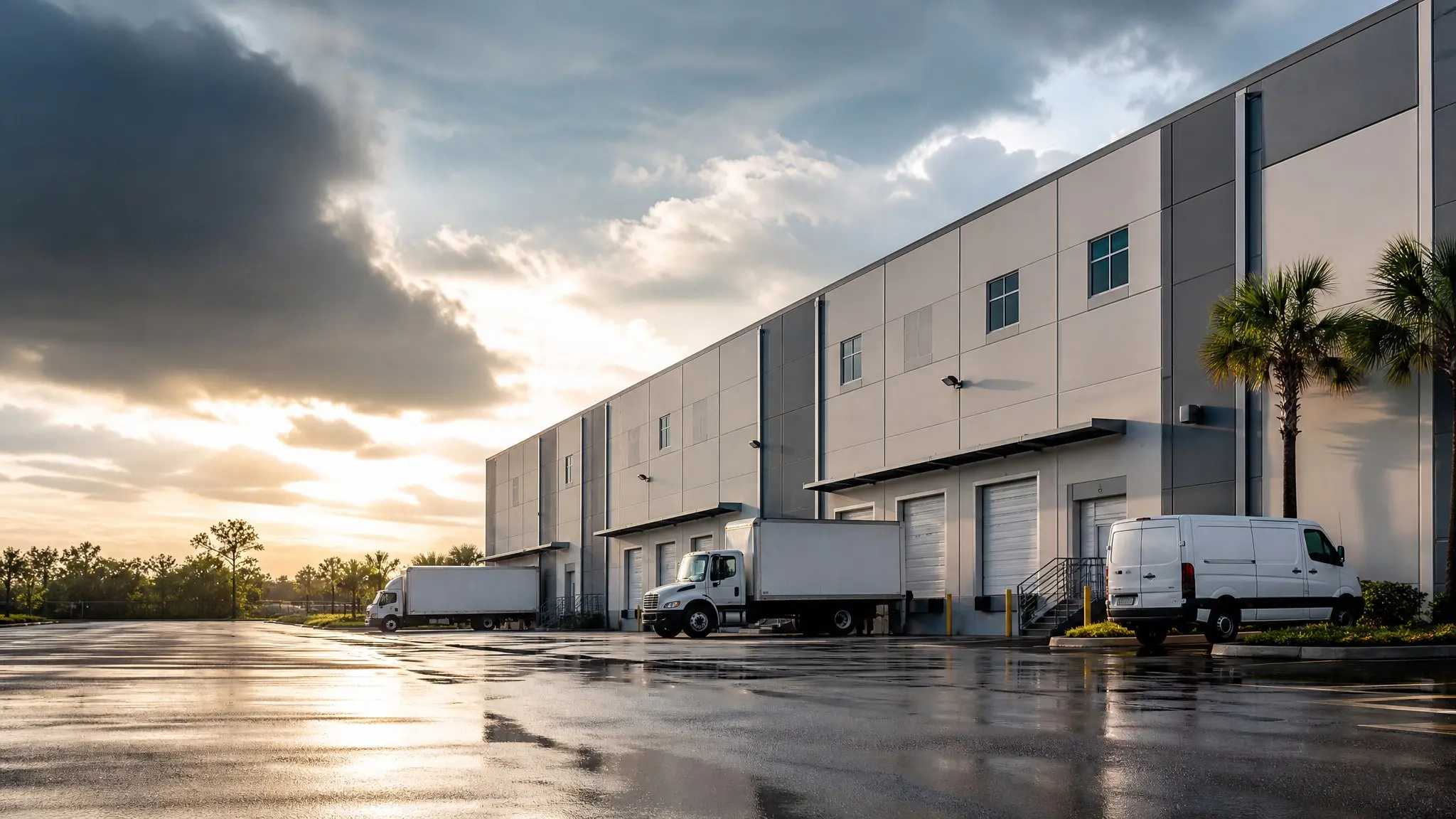 Jacksonville-style warehouse loading dock after rain with trucks, palm trees, and storm clouds