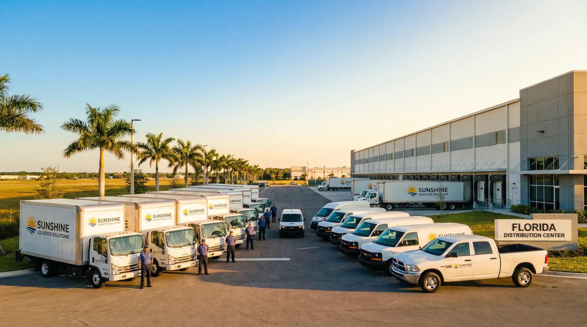 Large Florida commercial fleet with 10 or more business vehicles parked at a business yard
