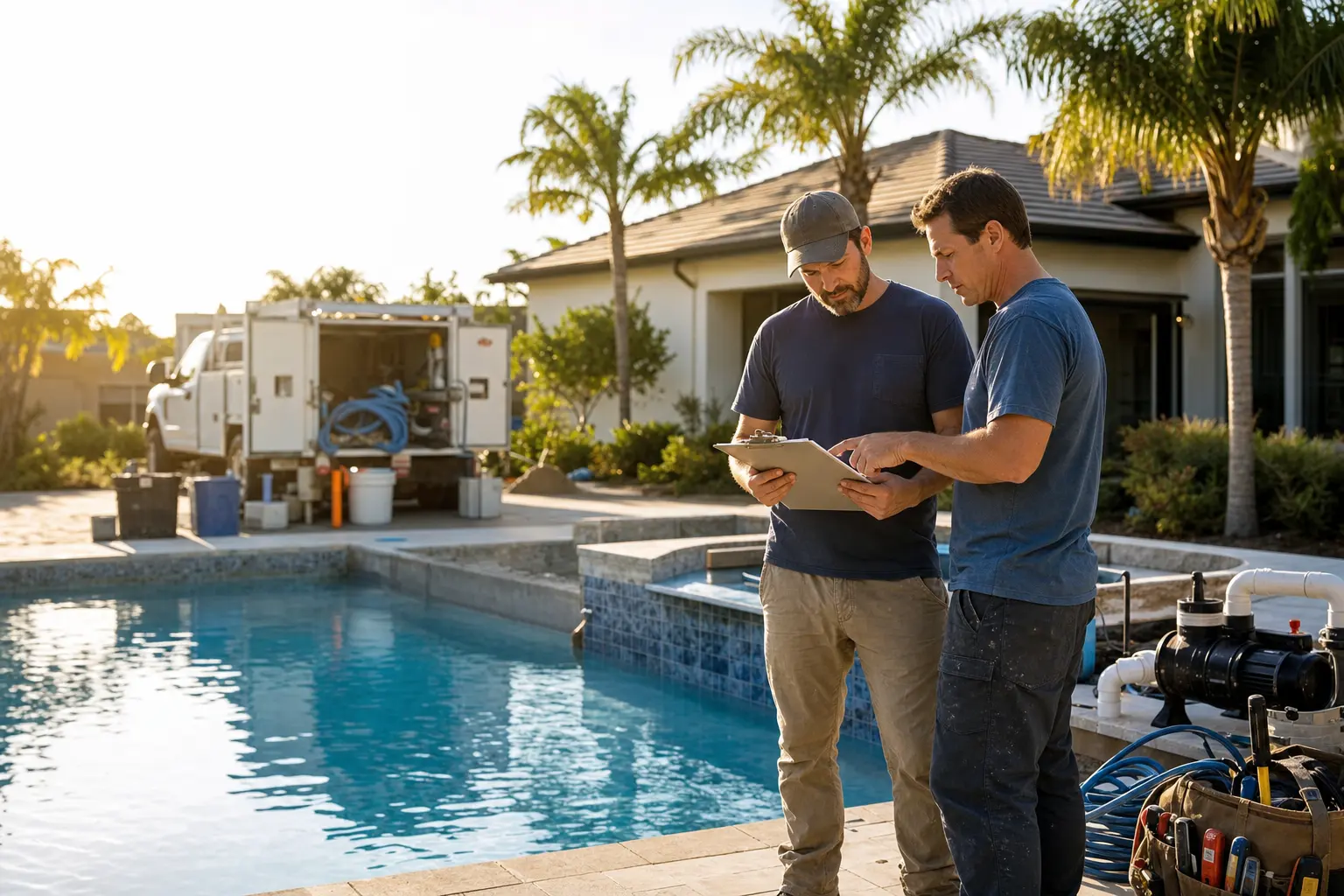 Florida pool contractor crew reviewing plans beside a residential pool remodel with service trucks and equipment in the background