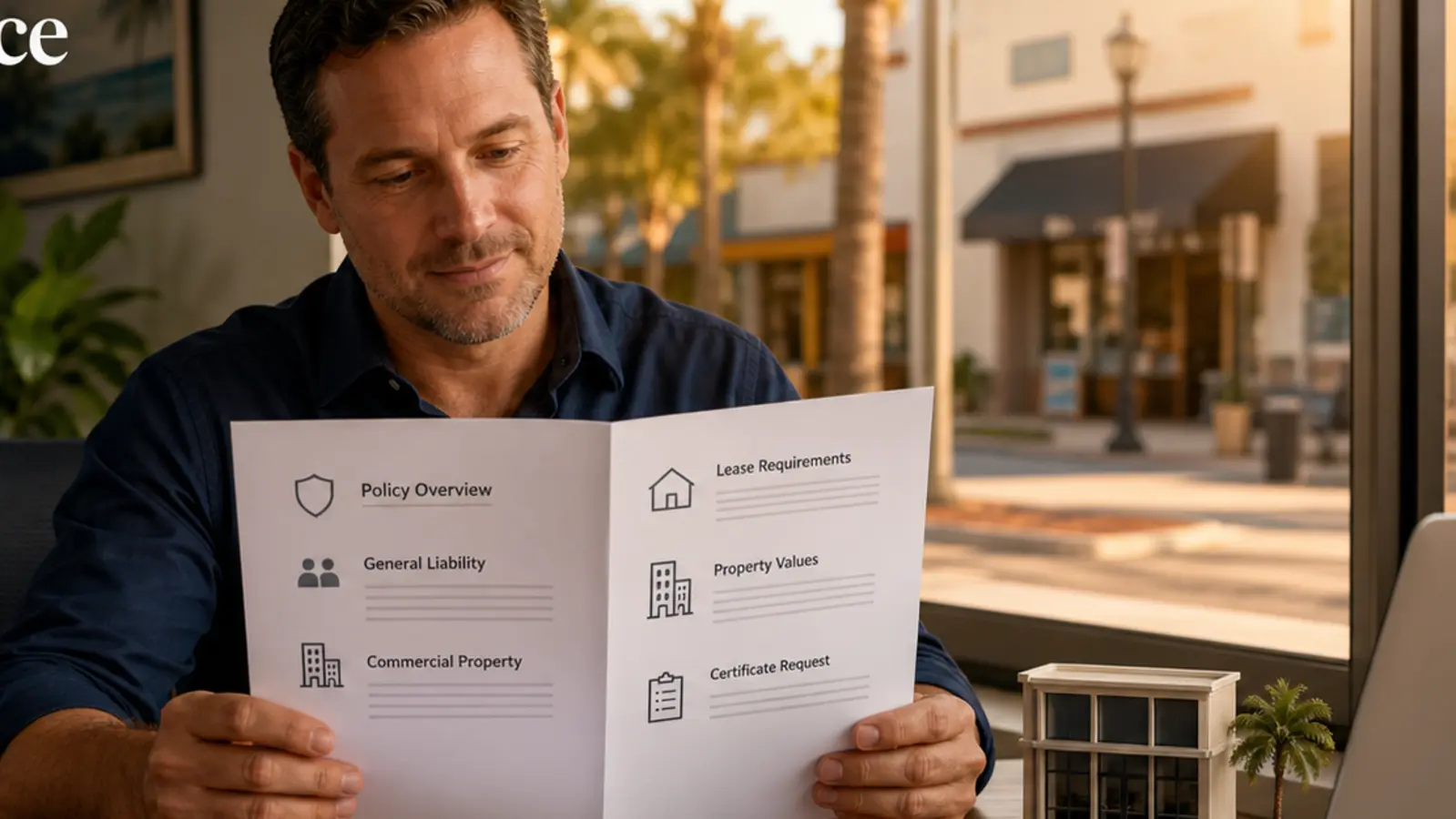 Florida business owner reviewing general liability and commercial property insurance options with one local agency