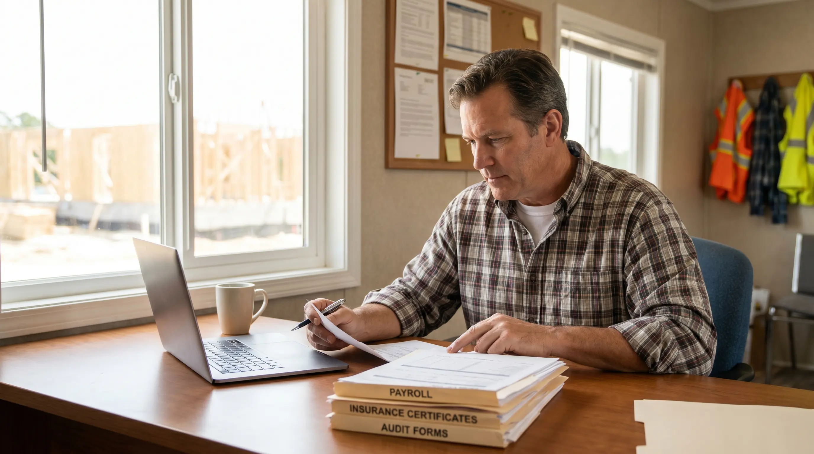 Florida contractor reviewing workers comp audit paperwork, subcontractor certificates, and payroll records in a job trailer