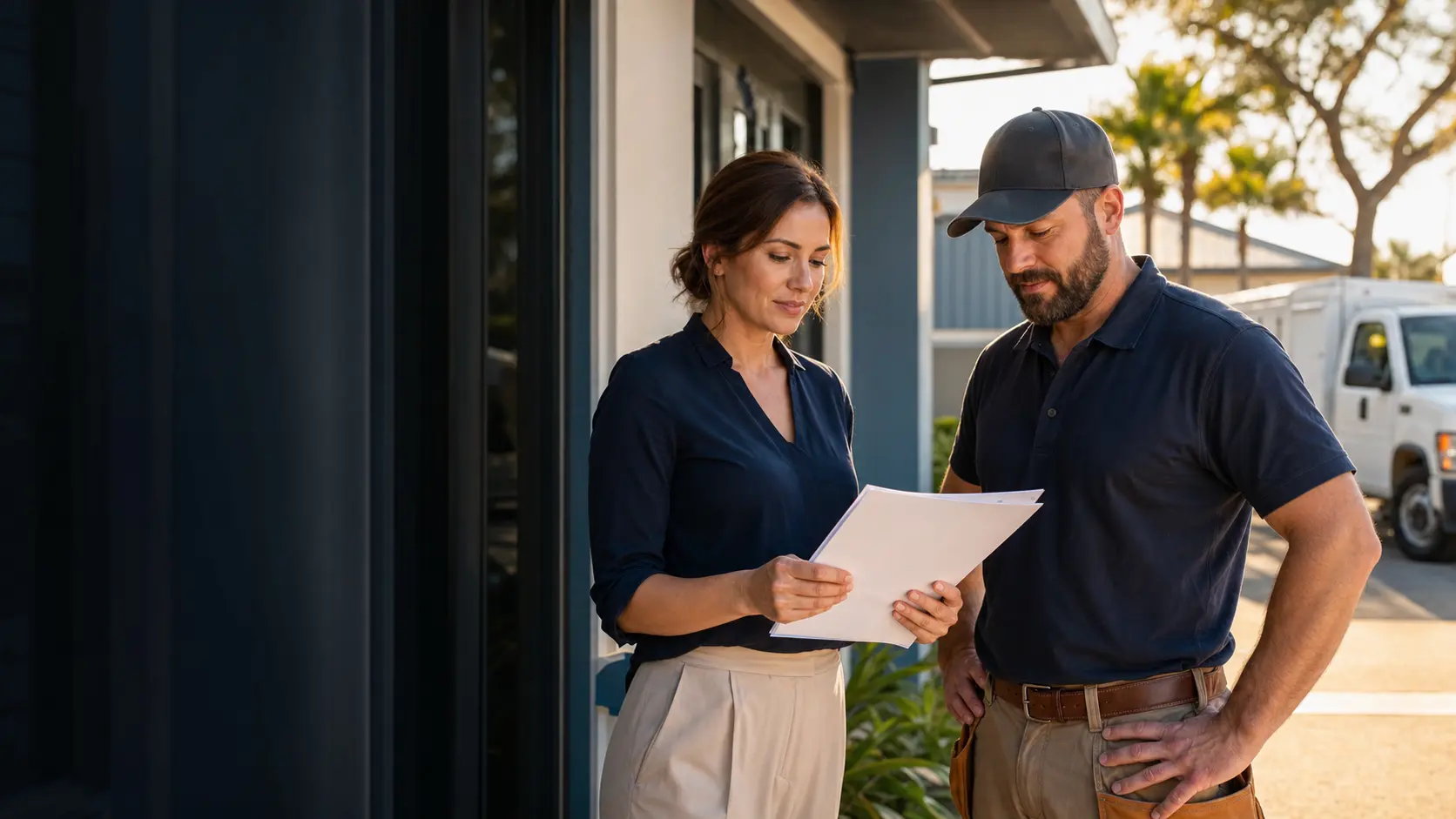 Florida independent insurance agent reviewing business insurance quote documents with a contractor