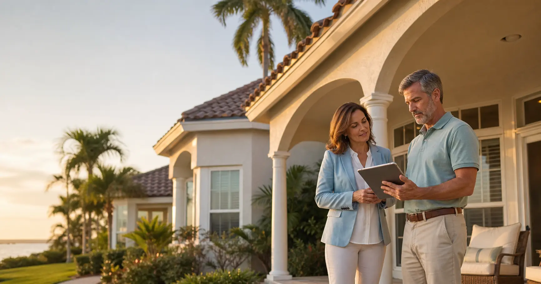 Florida homeowner reviewing home insurance renewal details on a tablet with an insurance agent outside a stucco home at golden hour