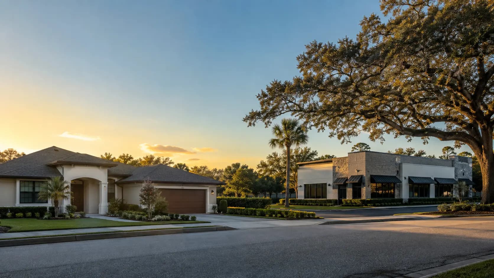 Florida home and small commercial property at golden hour representing more property insurance options