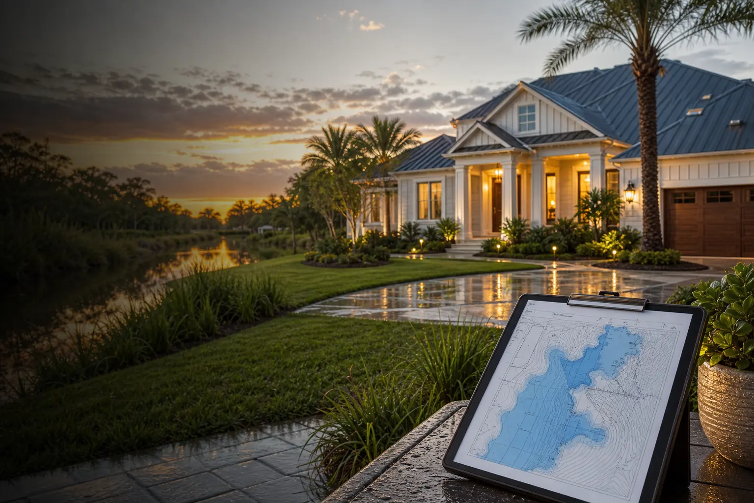 Florida home near water with flood zone planning map for Zone AE insurance guidance