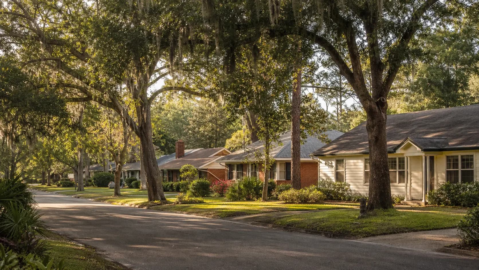 Established Gainesville neighborhood with mature live oaks and pitched-roof homes