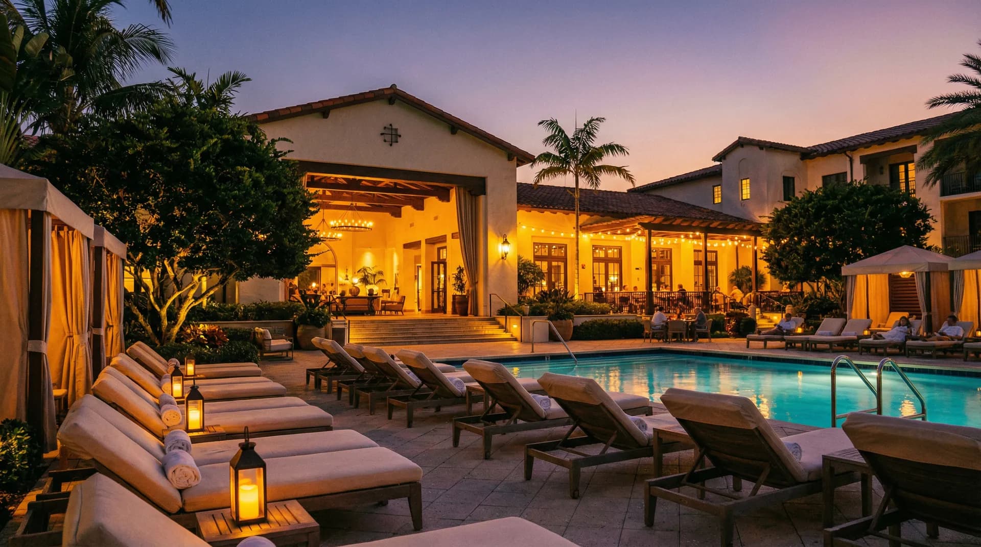 Luxury resort with pool and ocean view at sunset