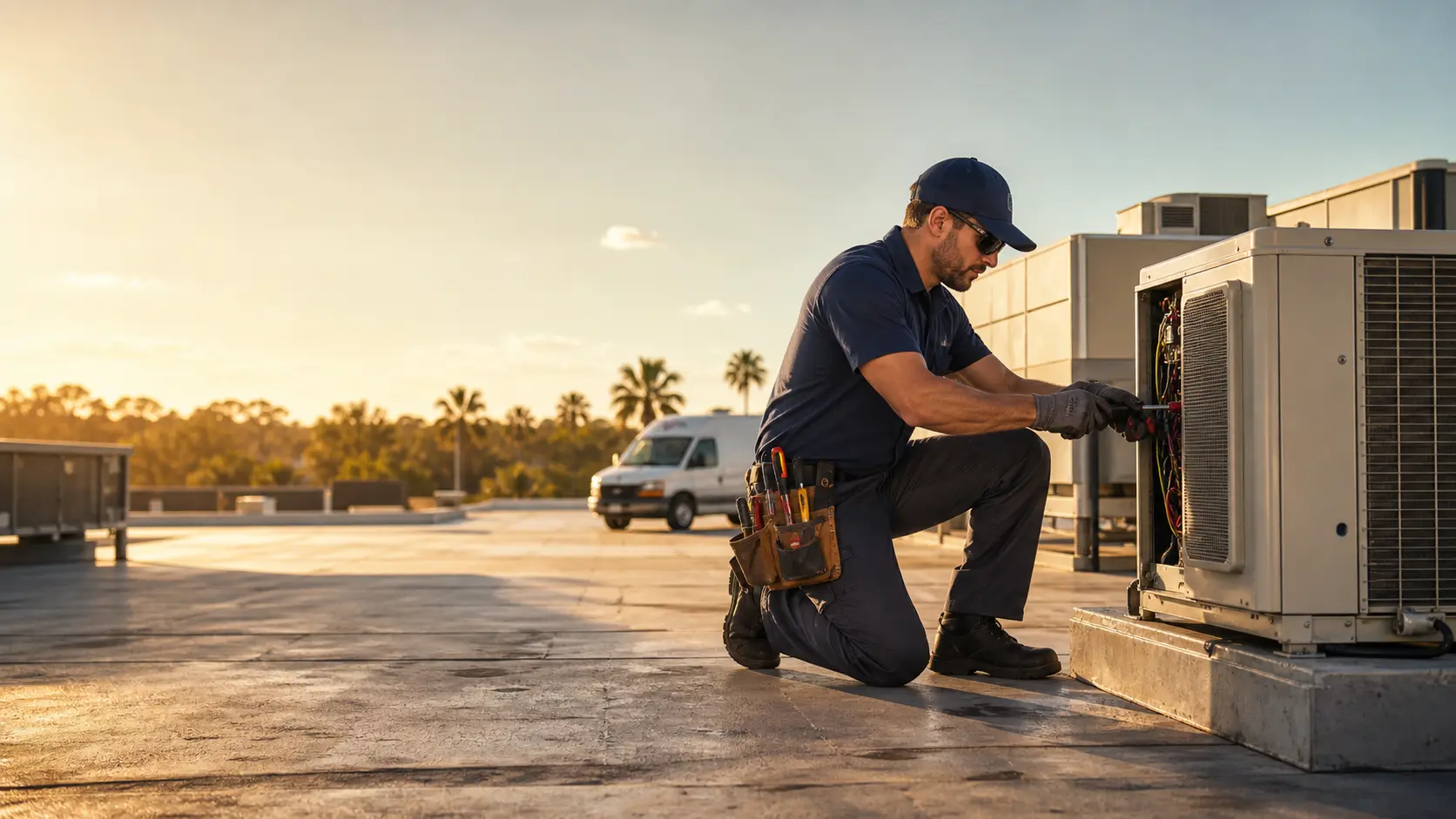 Florida HVAC technician reviewing a commercial rooftop air conditioning unit