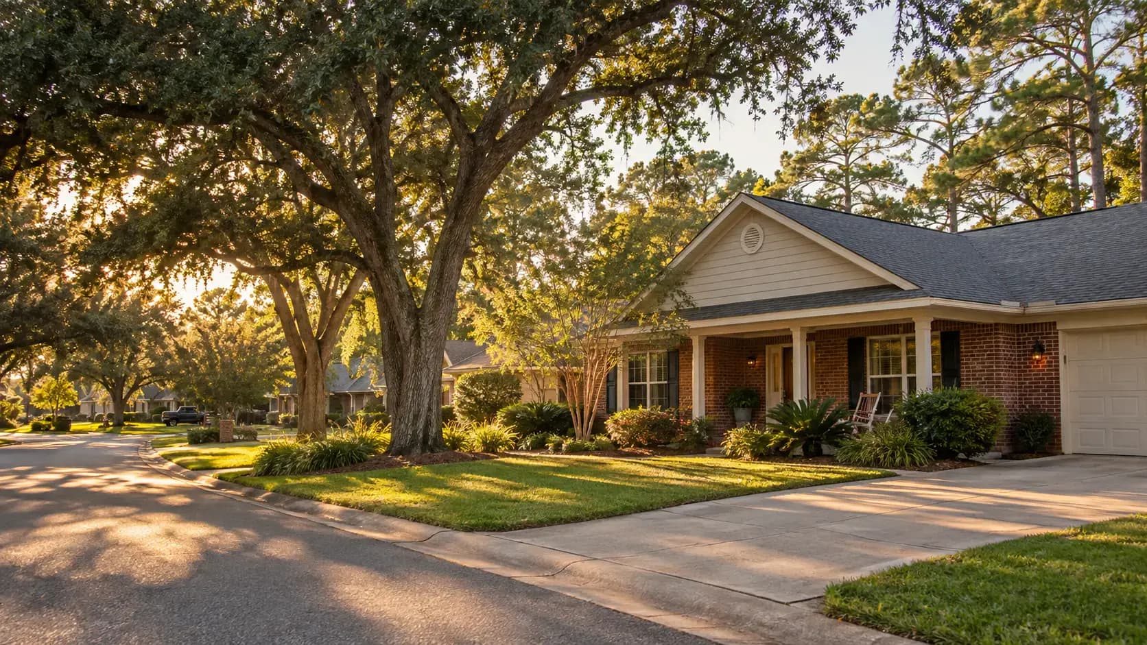 Warm Pensacola neighborhood with mature oak trees and a well-kept Florida home
