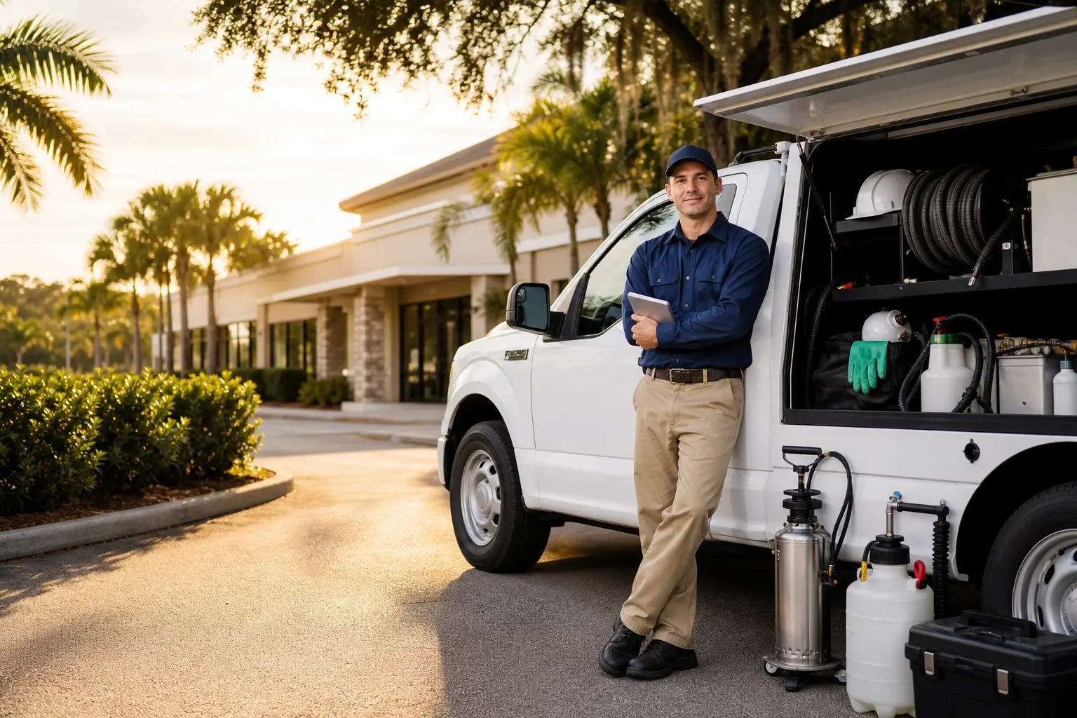 Florida pest control technician reviewing insurance details beside a clean service truck and treatment equipment