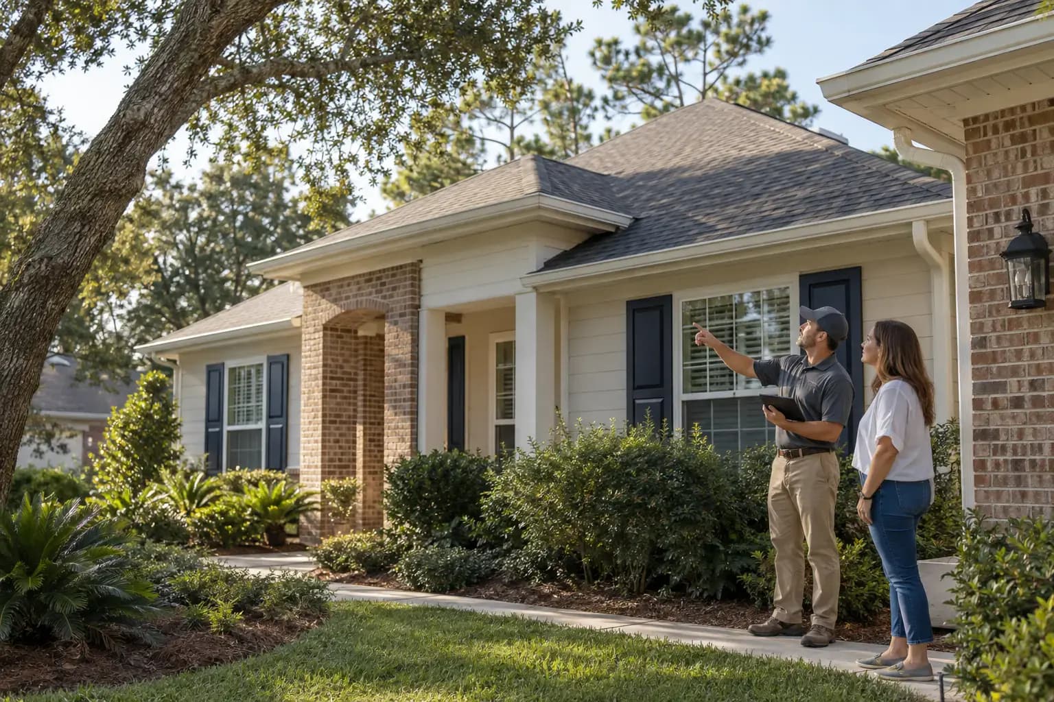 Home inspector and homeowner reviewing a Pensacola roof from the yard