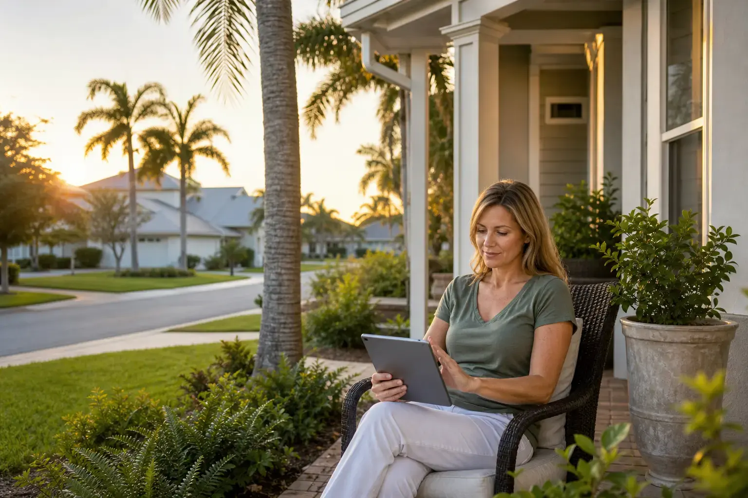 Florida homeowner using a tablet on a porch while reviewing home insurance quote questions
