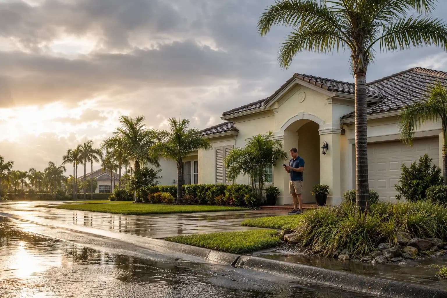 Florida home with wet street and storm clouds clearing during wind and flood review