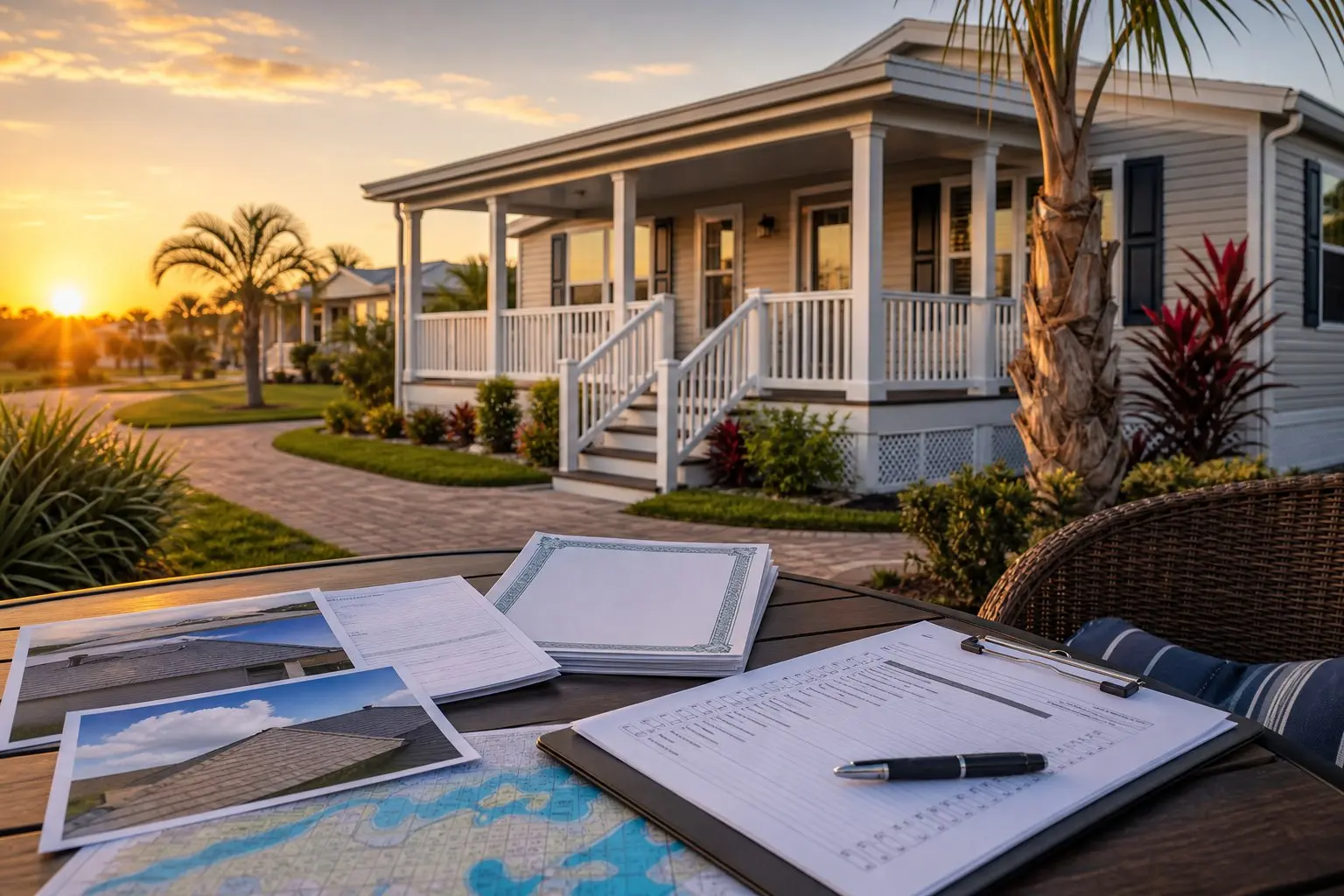 Florida home insurance quote documents on a table outside a house