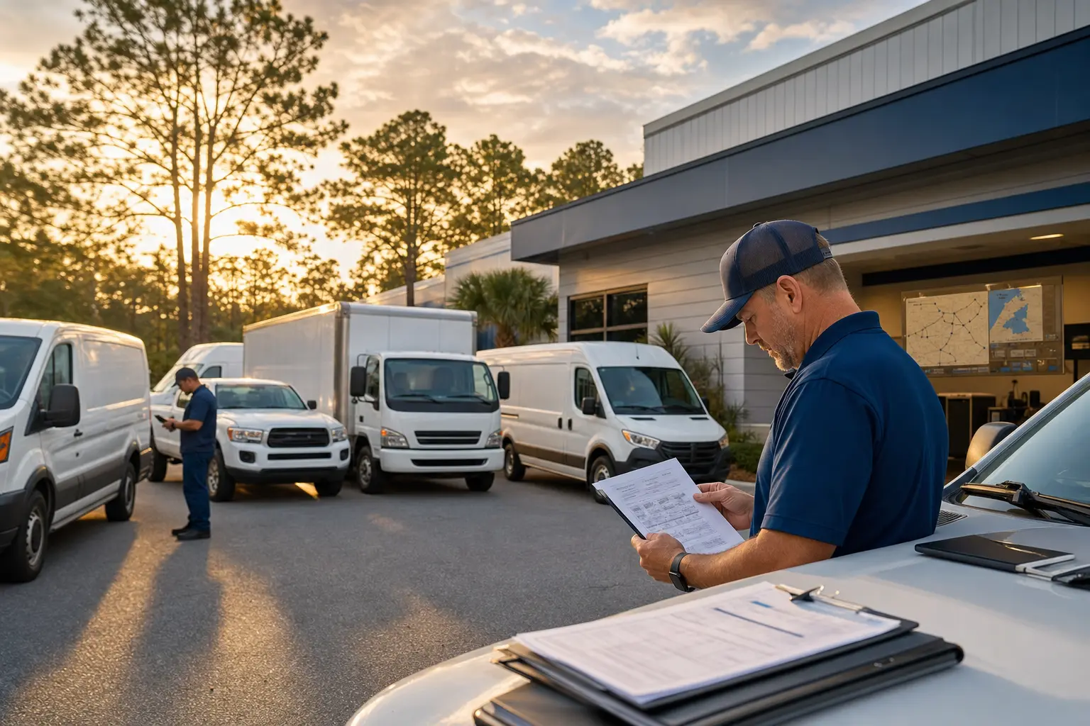 Florida commercial fleet vehicles with renewal documents and route planning materials