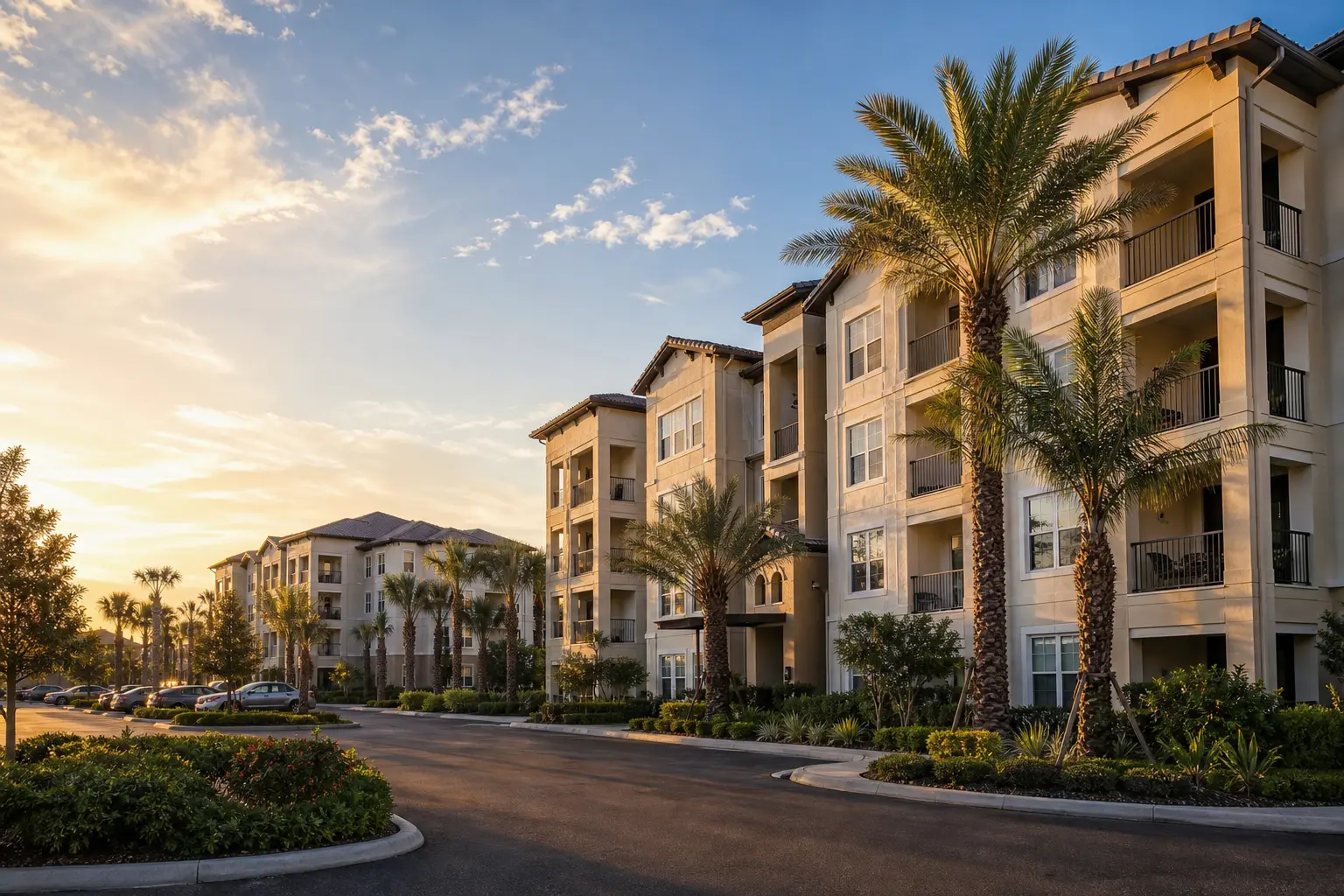 Well-maintained Florida apartment community with landscaped multifamily buildings and palm trees at golden hour.