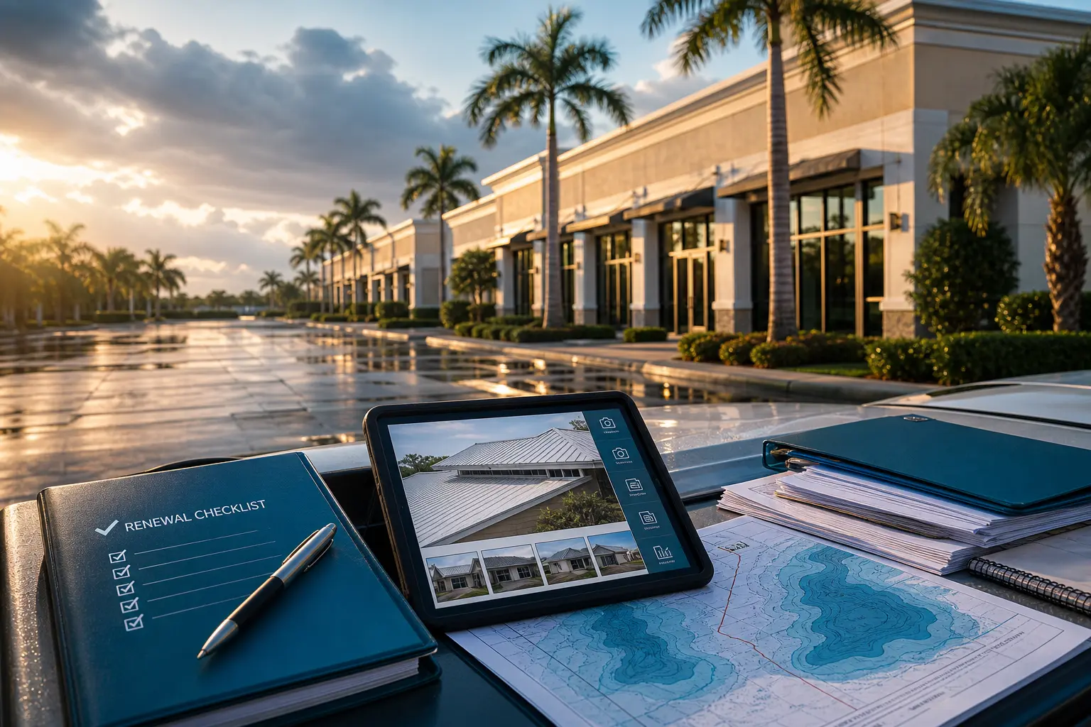Premium Florida commercial property insurance renewal scene with building, storm-ready documents, roof inspection photo, flood map, and wet pavement suggesting wind and flood review.
