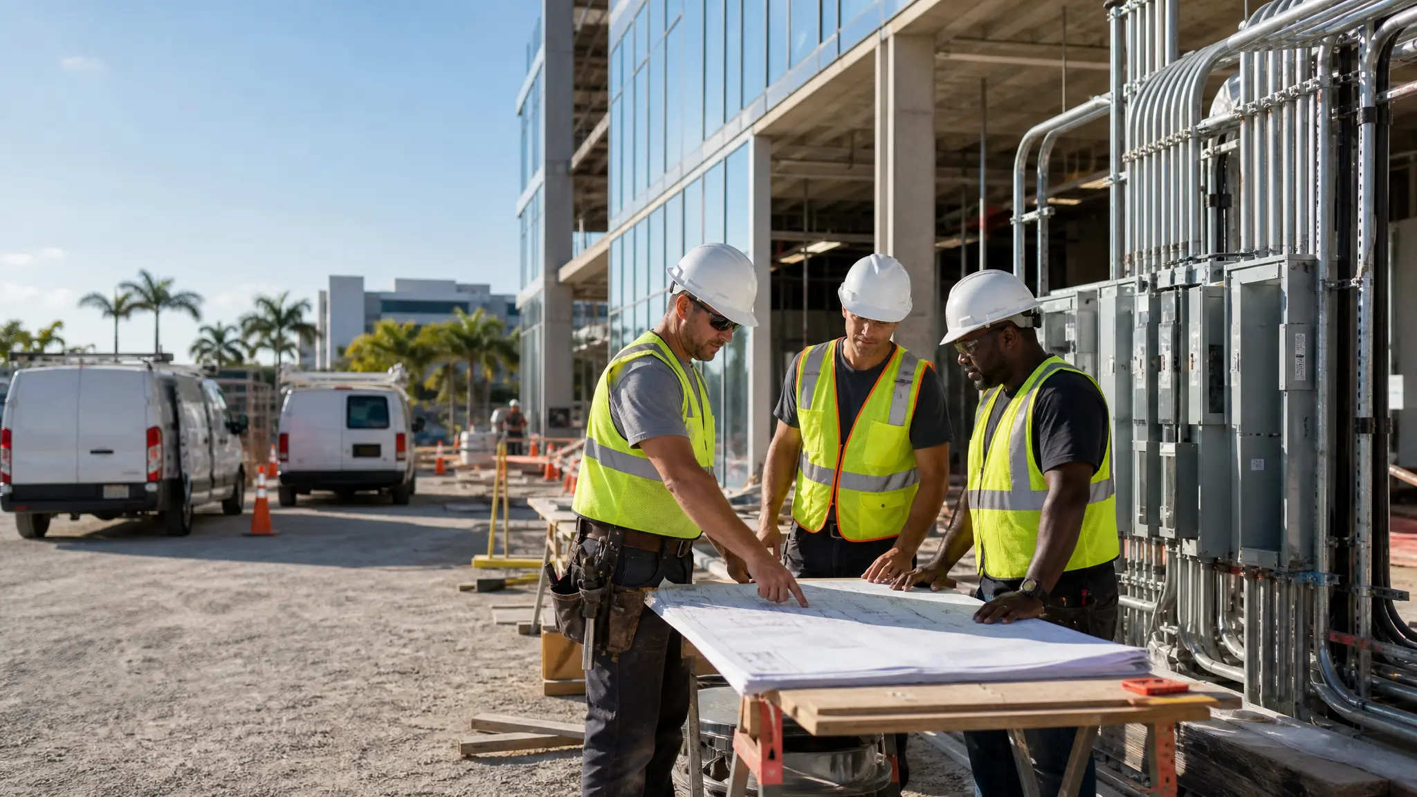 Electrical contractors reviewing plans beside conduit and service panels at a Jacksonville commercial construction site