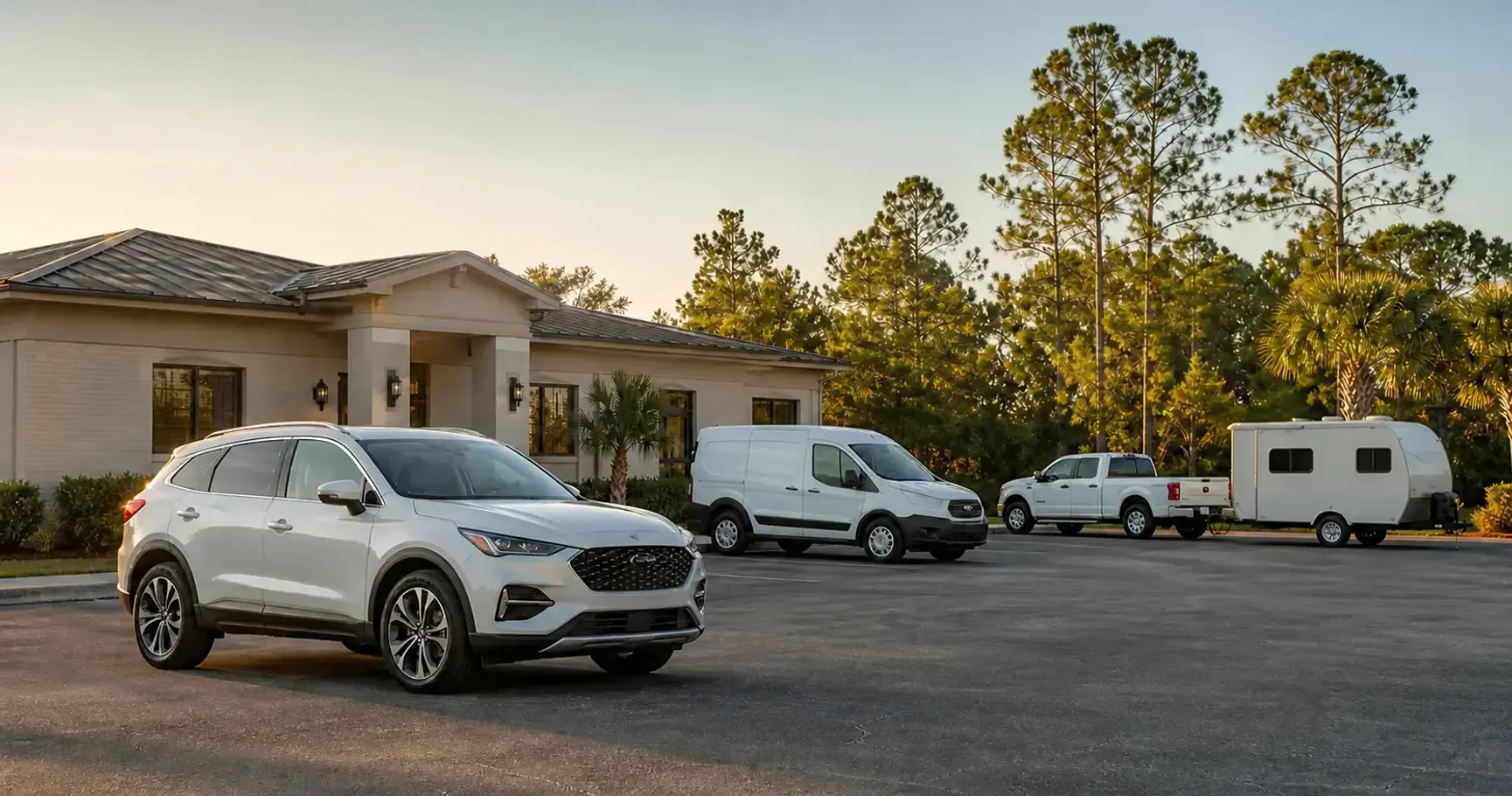 Family vehicle, small-business service van, and travel trailer in Florida representing Greene & Associates Insurance's direct GEICO contract