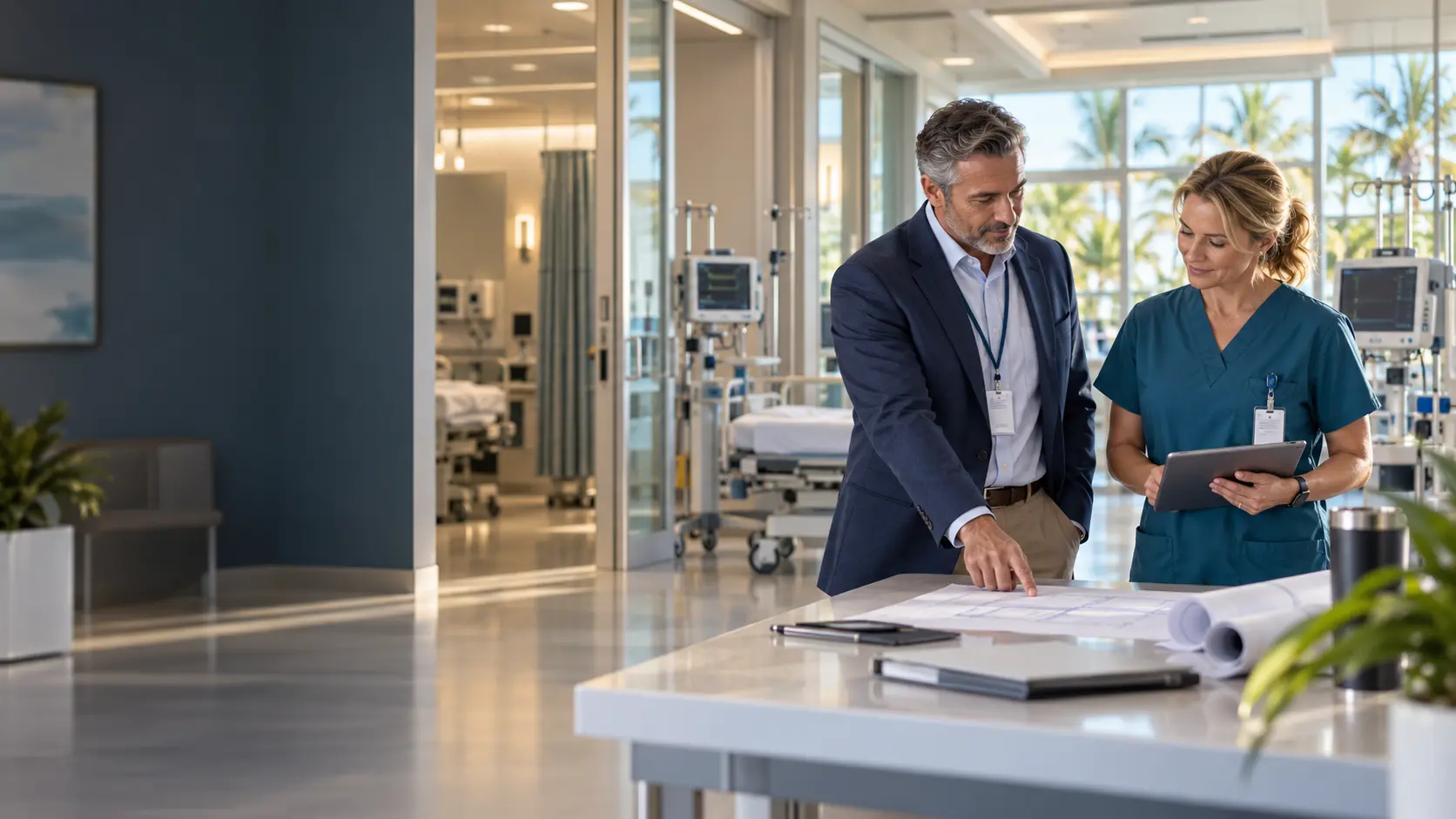 ASC administrator and clinical operations leader reviewing a facility plan in a modern Florida outpatient surgery center.