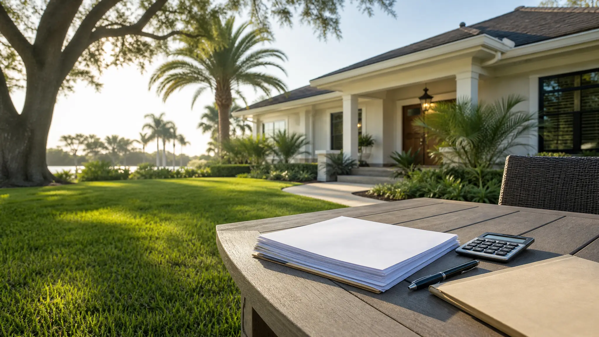 Florida homeowners insurance renewal documents on a patio table outside a well-kept Florida home