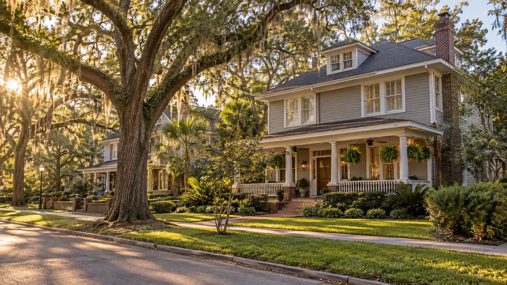 Warm Jacksonville neighborhood with mature oak trees and a well-kept Florida home