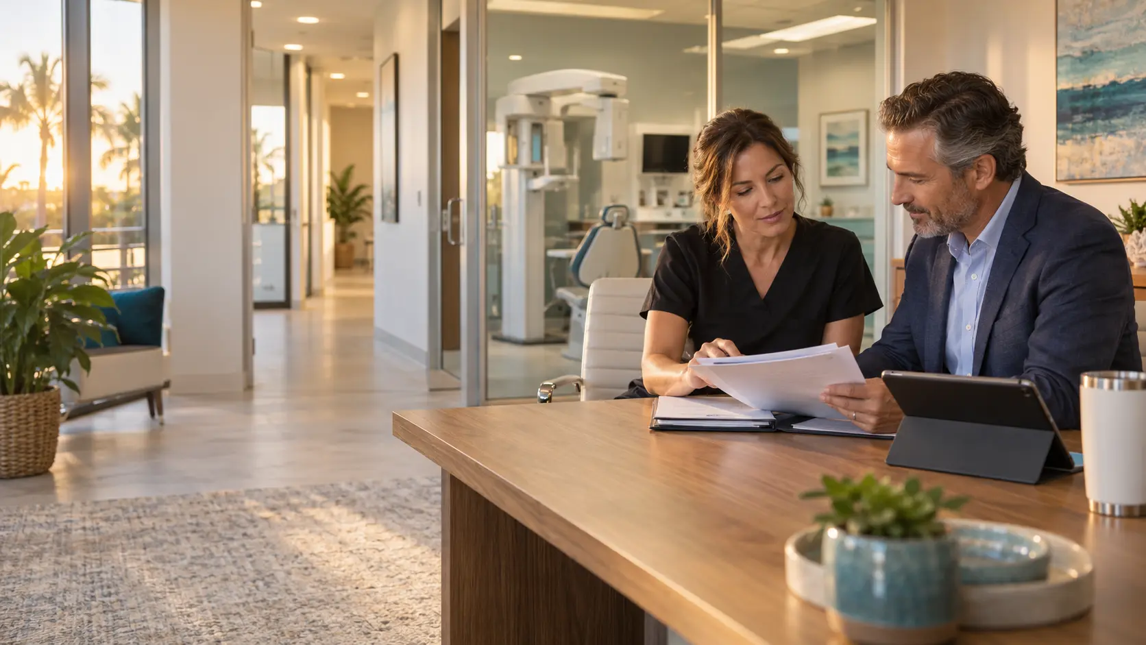 Florida practice administrator and insurance advisor reviewing an insurance packet in a modern medical and dental office.