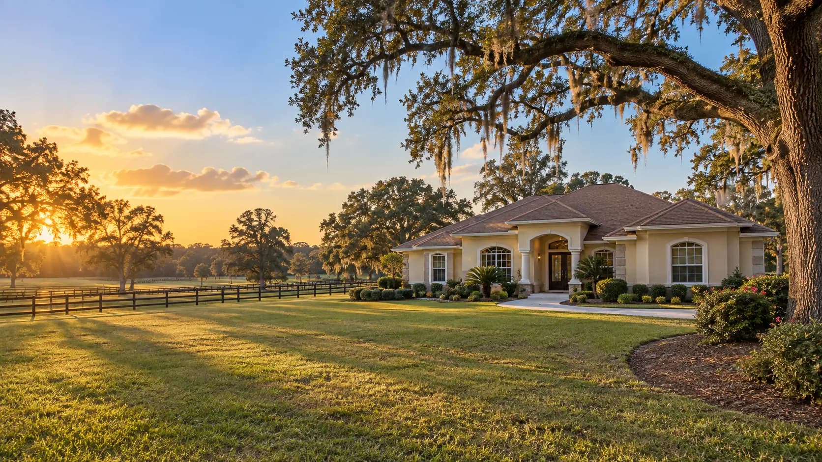 Ocala home on acreage with live oaks and horse fencing in warm afternoon light
