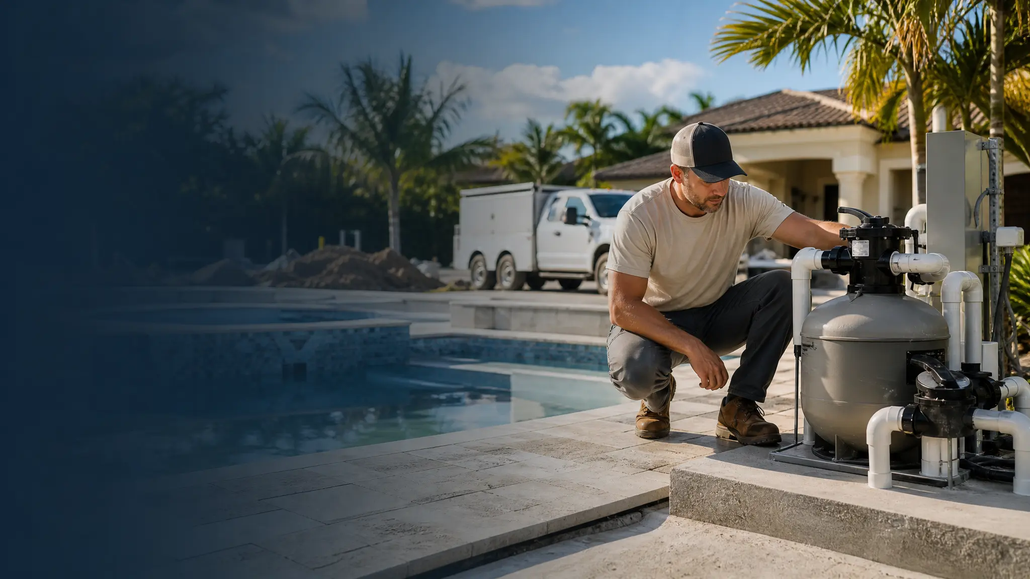 Florida pool contractor reviewing pool equipment and pool shell for construction, remodeling, and insurance risk