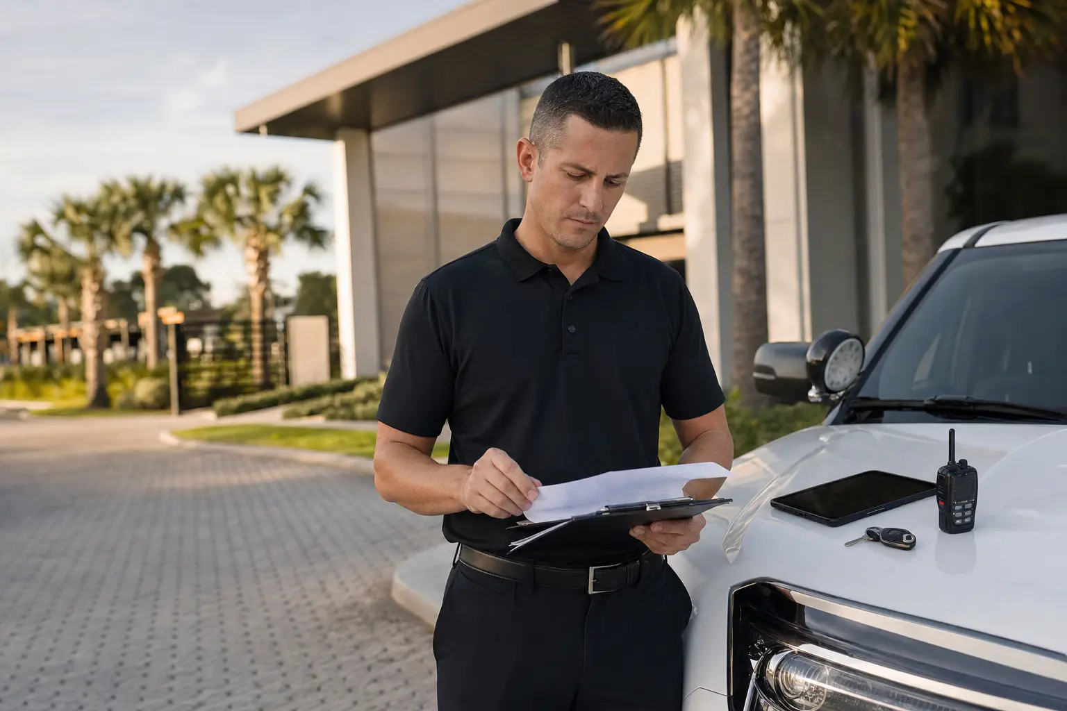 Florida security supervisor reviewing certificate and contract paperwork beside a generic patrol vehicle outside a commercial property