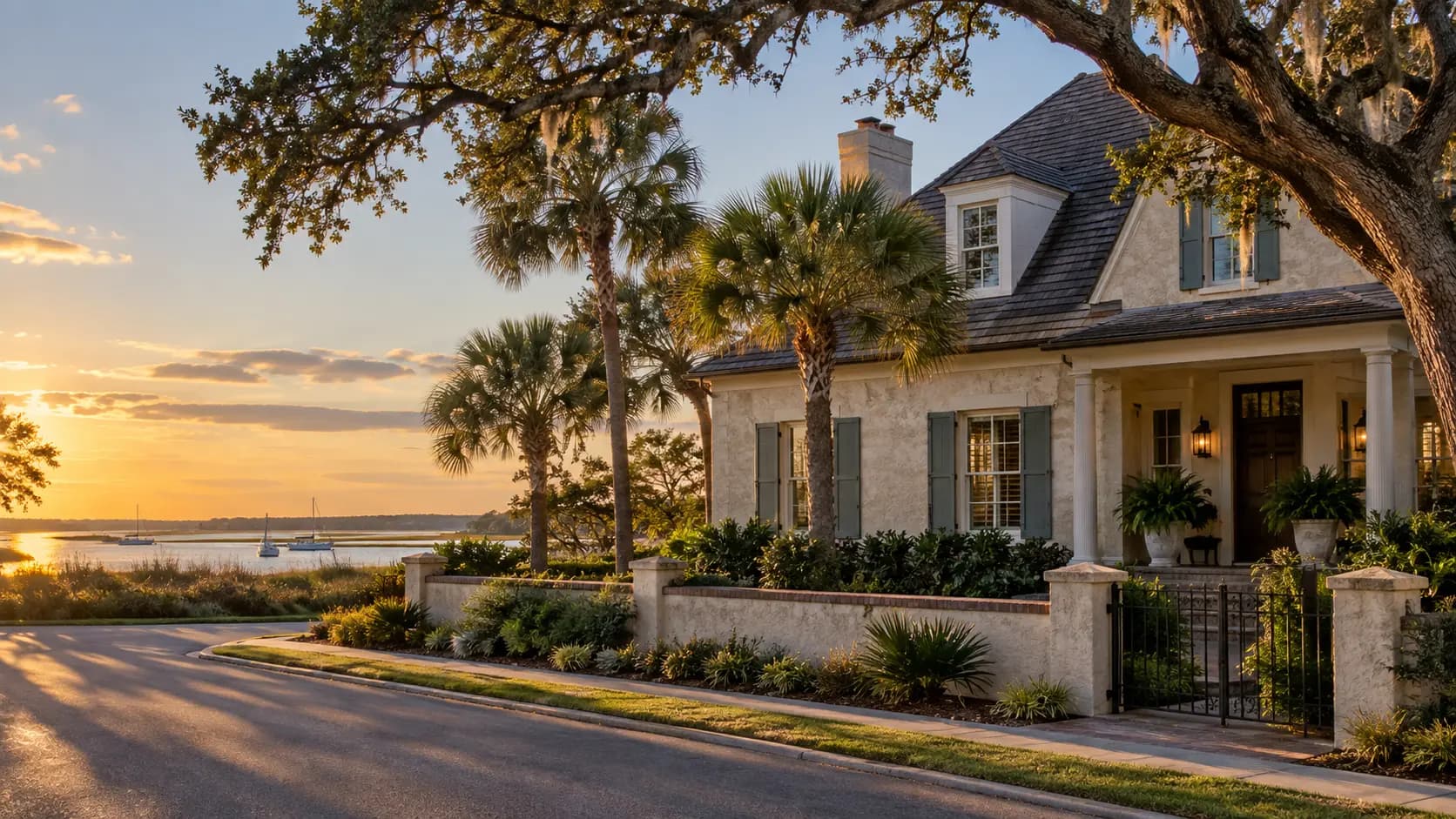 Warm coastal St. Augustine home near marsh water, palms, and live oaks