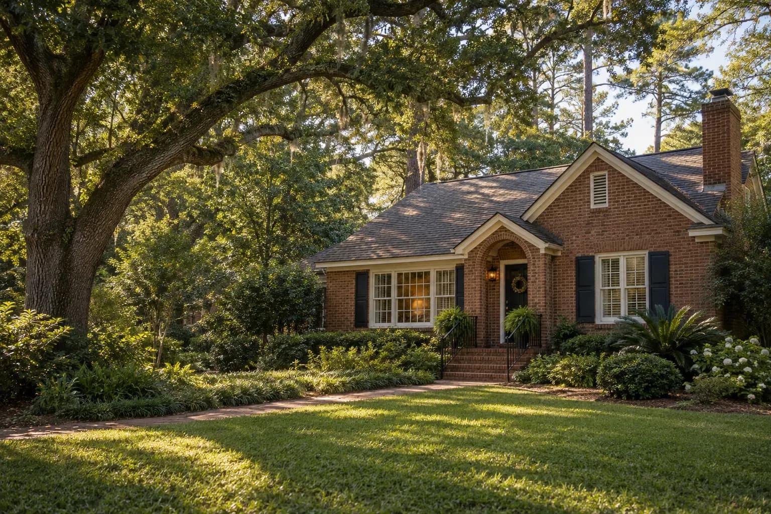Brick Tallahassee home beneath mature live oak and pine canopy in warm afternoon light
