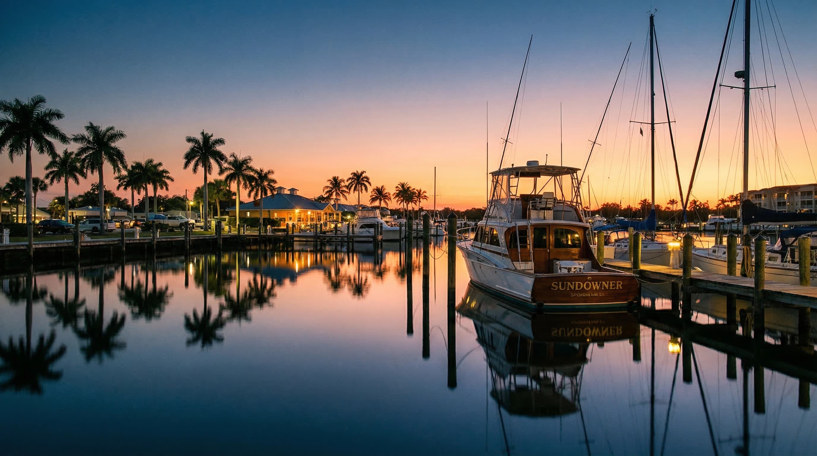 Boat at Florida marina at sunset