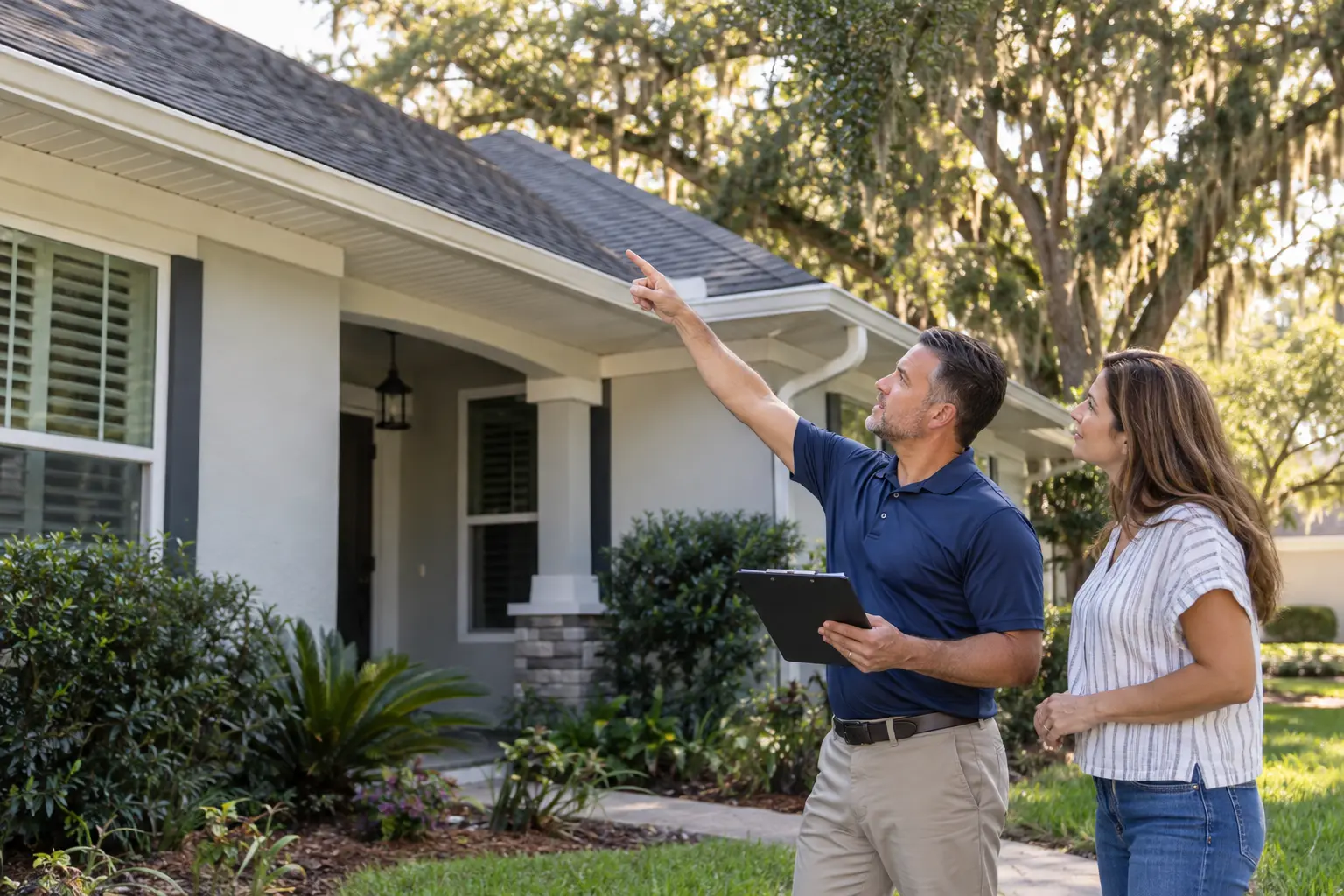 Home inspector and homeowner reviewing a Jacksonville roof from the yard