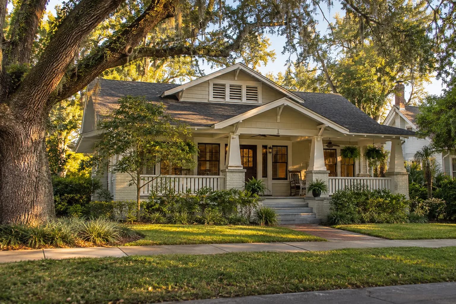Older Ocala bungalow with a visible roof beneath mature live oaks