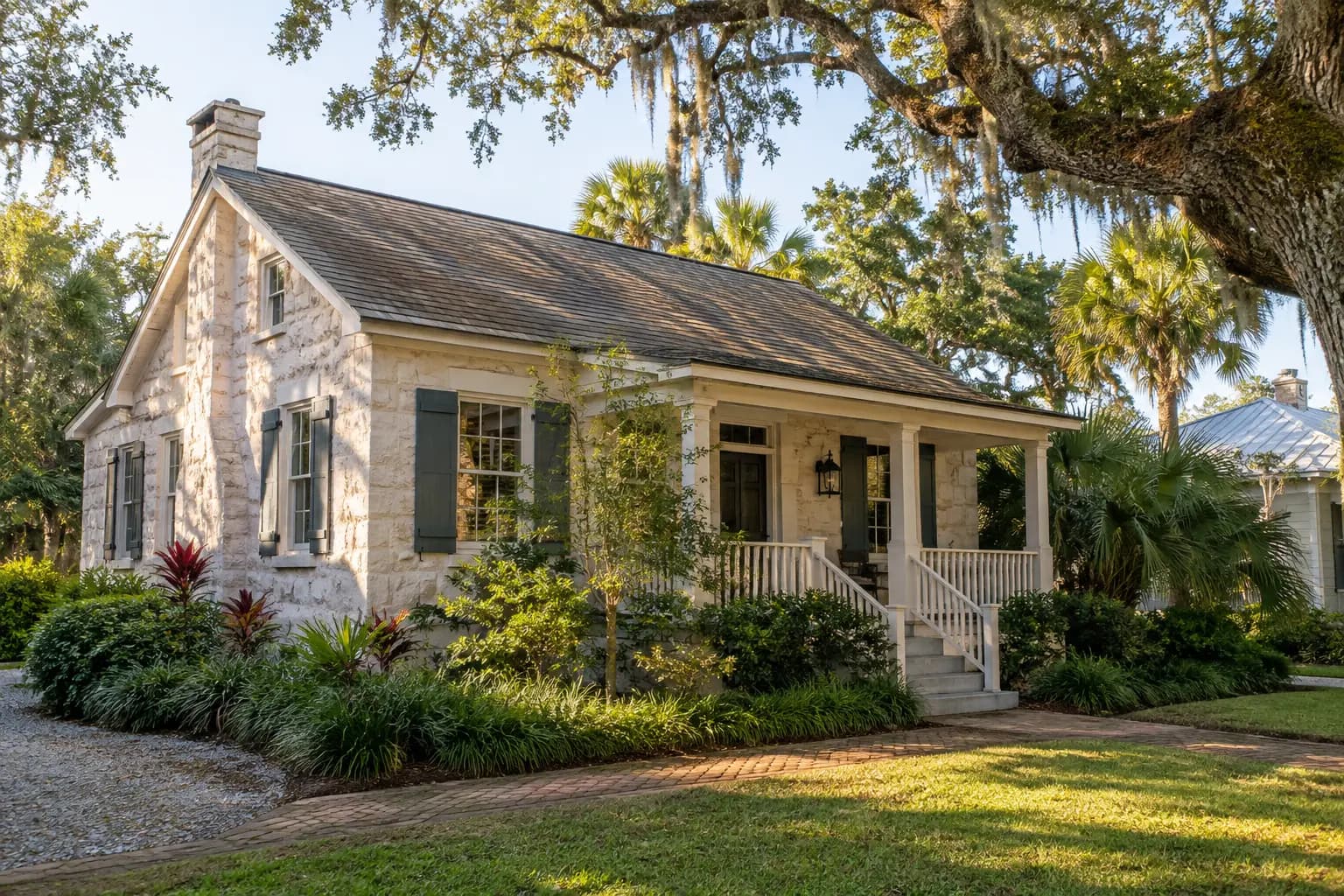Older St. Augustine bungalow with a visible roof beneath mature live oaks