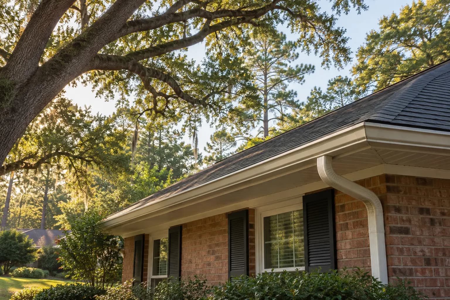 Tallahassee brick home roof beneath trimmed live oak and pine canopy